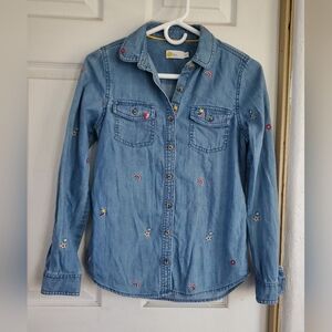 Boden Girls Button Denim Rainbow Heart Stars Shirt, Size 13-14Y